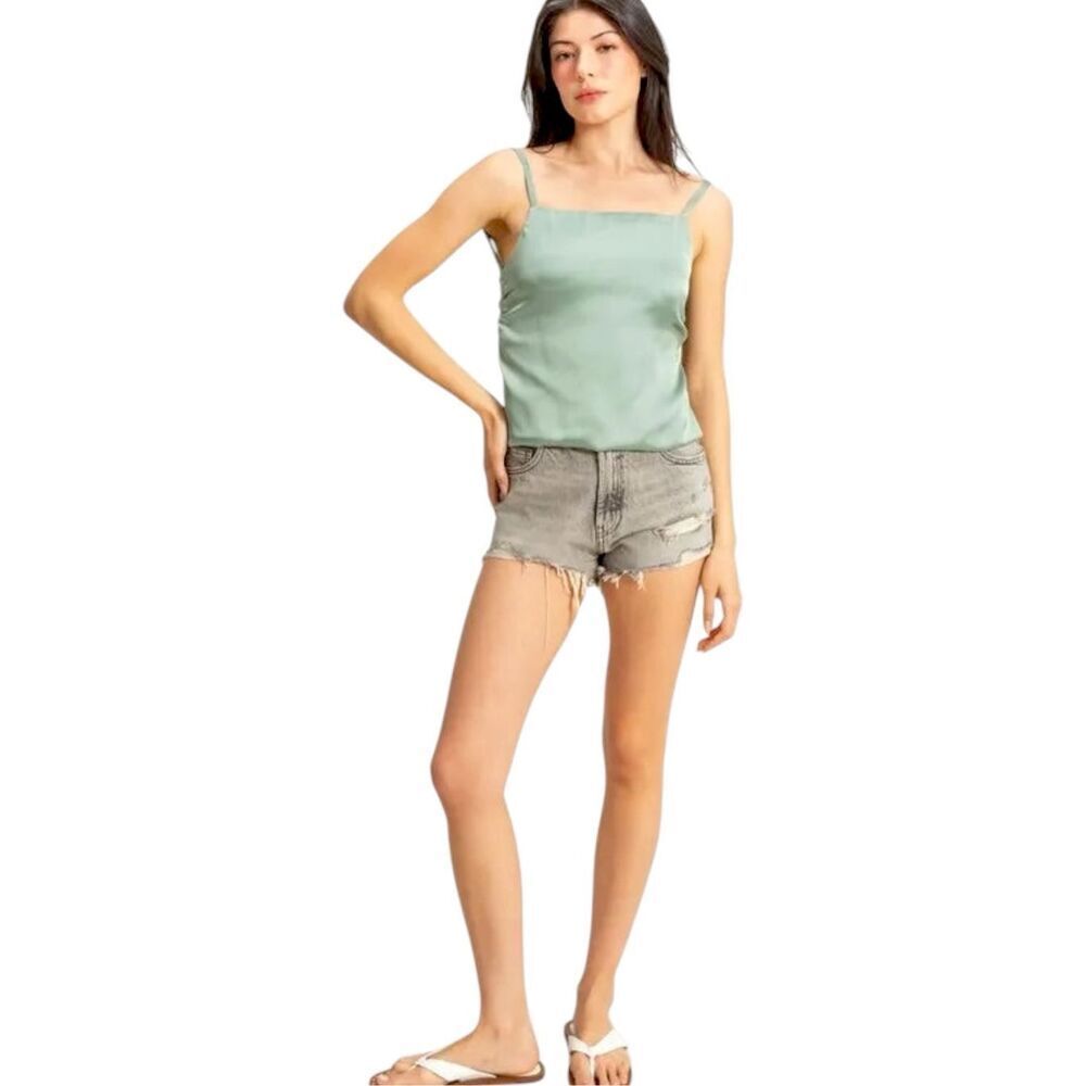 HYFVE Sage Green Satin Silky Back Tie Cami Tank Top Bow Open Back NWT - Picture 4 of 11